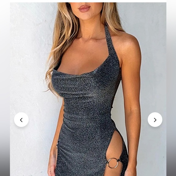 Halter Square Neck High Slit O-Ring Bodycon Party Mini Dresses-Gray - Picture 4 of 4